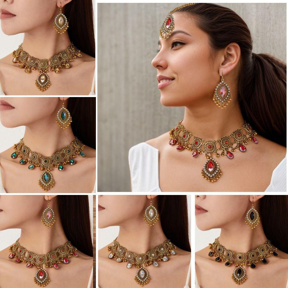 Rhinestone Inlaid Necklace Earrings Set Water Drop Pendant Women Jewelry Set Bridal