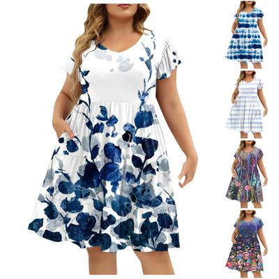 Summer Beach Dress For Women Plus Size Loose V-Neck Tunic Ruffle Short Sleeve A-Line Comfortable Large Hem Dress