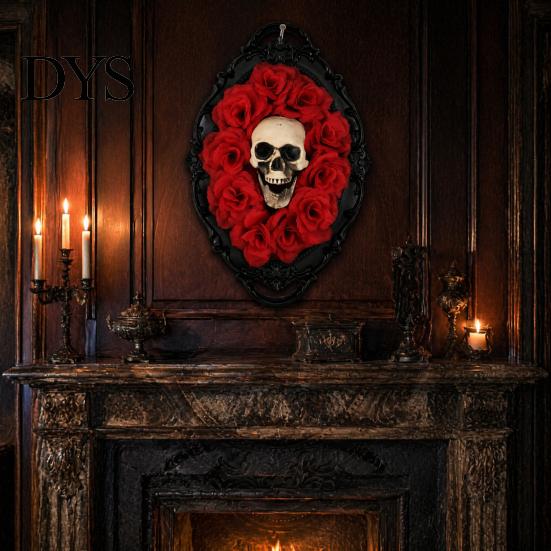 Halloween Spider Web Skull Decor Gothic Wall Decoration, Vintage Red Rose Frame Sculpture, Ornament Horror Art for Holiday Party Spooky