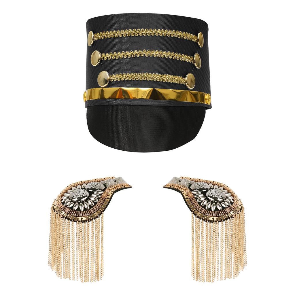 Kids Majorette Costume Accessory Set Vintage Hat with Tassel Epaulet Shoulder Boards for Halloween Cosplay