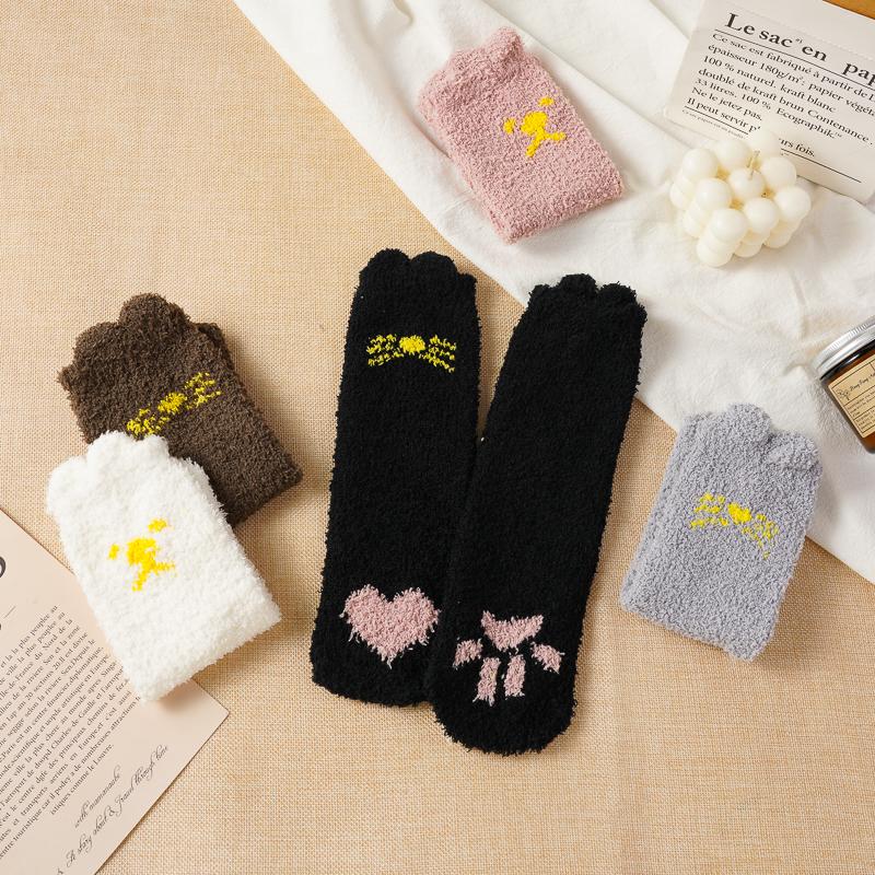 5 Pairs Autumn Winter Cartoon Cat Tube Socks Women Heart-shaped Coral Fleece Socks Cute Sweet Thick Soft Warm Home Sleep Sock