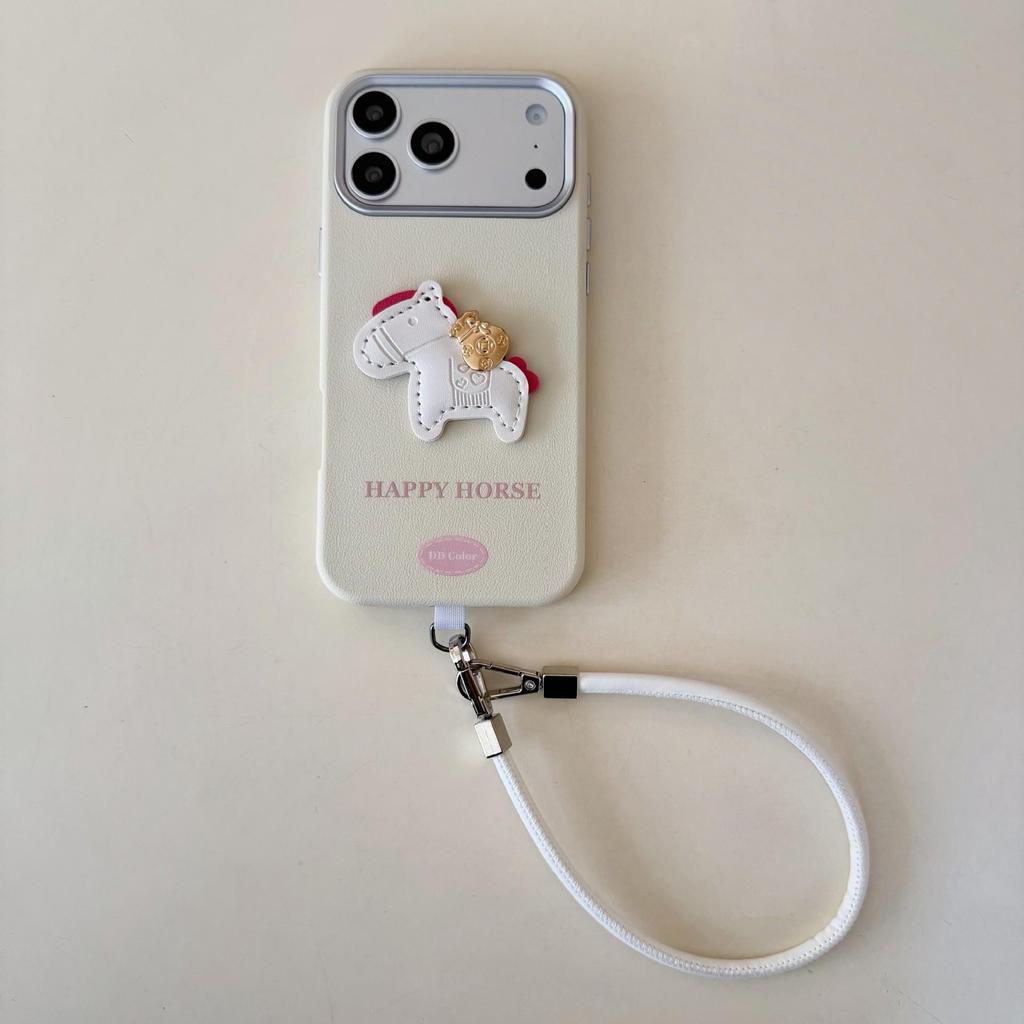 Apple iPhone 17 Leather Metal Horsehide Texture Case with Hand Strap, Compatible with iPhone 16 Soft Protective Case.