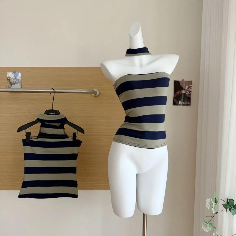 Женский летний полосатый топ-майка на бретельках, зеленый, темно-синий, без рукавов, повседневный OneSize зелёный