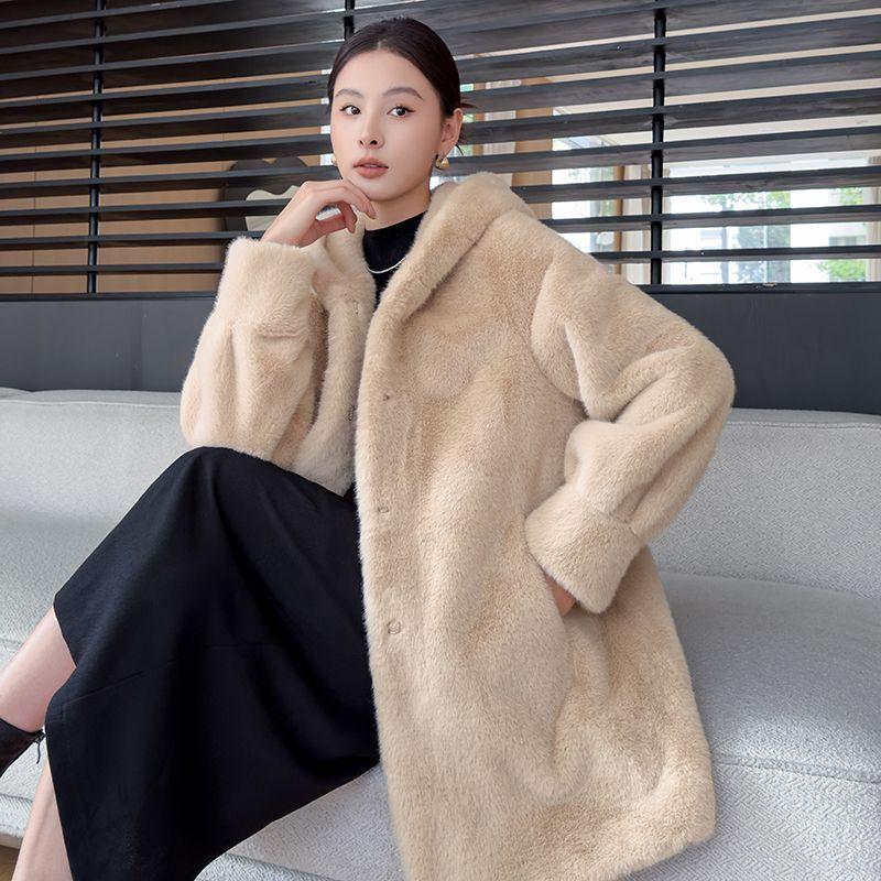 Luxusní dámský zimní norkový kabát s kapucí Bunda z pravé kožešiny Teplé módní svrchní oblečení