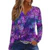 Women's Casual Long Sleeve Halloween Print V-Neck T-Shirt with Decorative Buttons