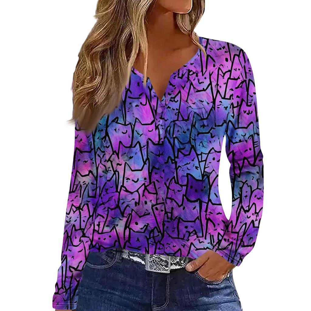 Women's Casual Long Sleeve Halloween Print V-Neck T-Shirt with Decorative Buttons