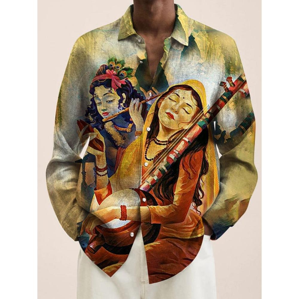 2024 New Men's 3D Art Painting Fashion Print Single Breasted Long Sleeve Shirt Casual Shirt Men's Loose Lapel Long Sleeve