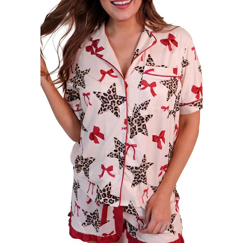 Женский летний двухпредметный комплект с принтом, коротким рукавом и карманами, 2026 - Европейско-американская мода Large