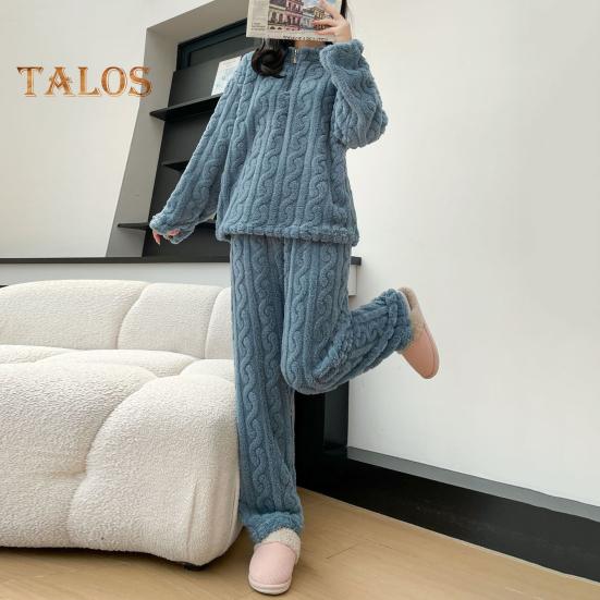 Set de 2 bucăți de pijamale de iarnă unisex Guler de culoare solidă Închidere cu fermoar Pânză de corali îngroșată Îmbrăcăminte de acasă haină de pantaloni Set de îmbrăcăminte largi de găzduire Lenjerie de noapte