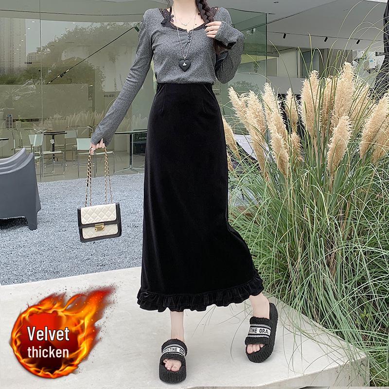 Women's Layered Velvet Midi Skirt with High Slit and Ruffle Lace - Thickened for Autumn and Winter