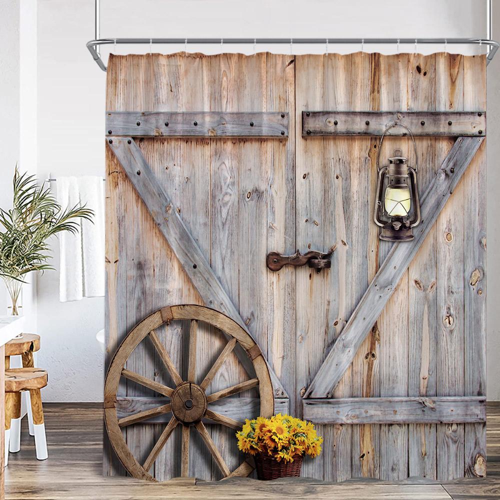 Rustic Barn Door Shower Curtains Rural Life Green Vines Wheel Wooden Plank Door Bath Decor Vintage Western Cowboy Bath Curtain