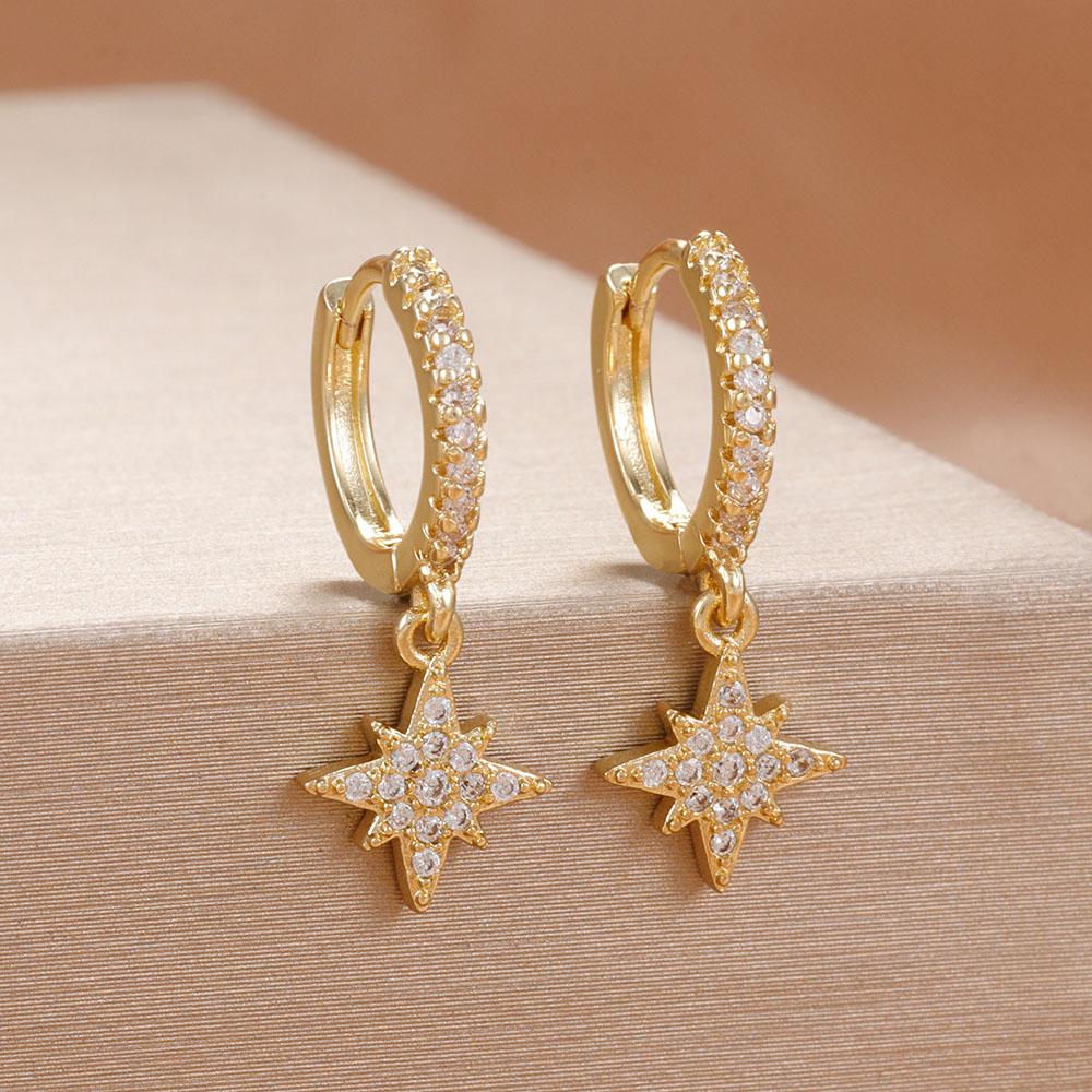 New Star Zircon Stainless Steel Pendant Hoop Earrings For Women 18K Gold Plated Pendientes Wedding Party Jewelry Accessory