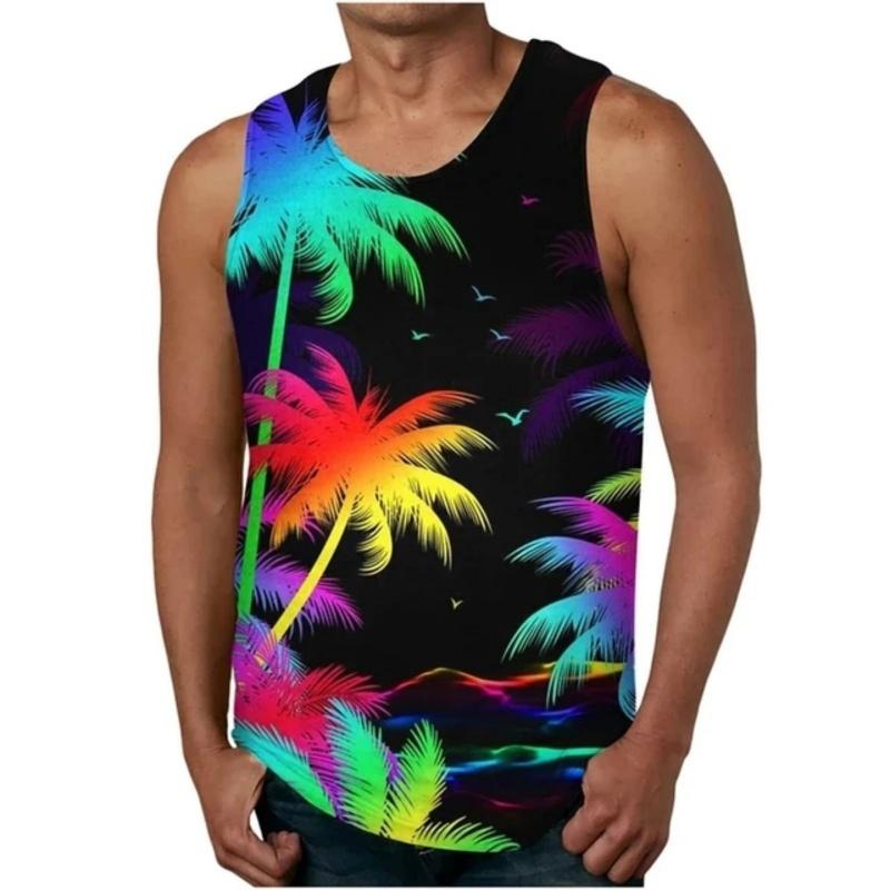 3D Printed Color Gradient Sunset Men's Vest with Plant Pattern T-shirt, Summer Loose Vacation Street Sports Top, Round Neck Vest