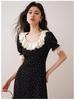 Black French Lotus Leaf Collar Floral Tea Dress - 2024 Summer Luxury Mid-Length Short Sleeve