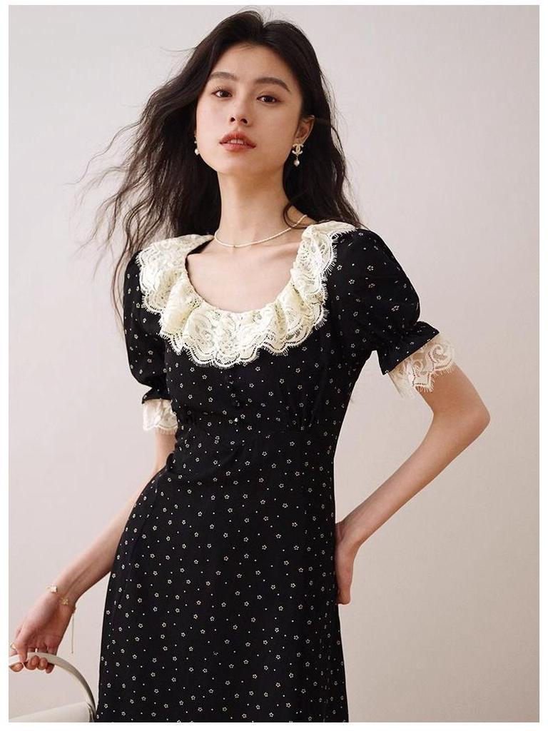 Black French Lotus Leaf Collar Floral Tea Dress - 2024 Summer Luxury Mid-Length Short Sleeve