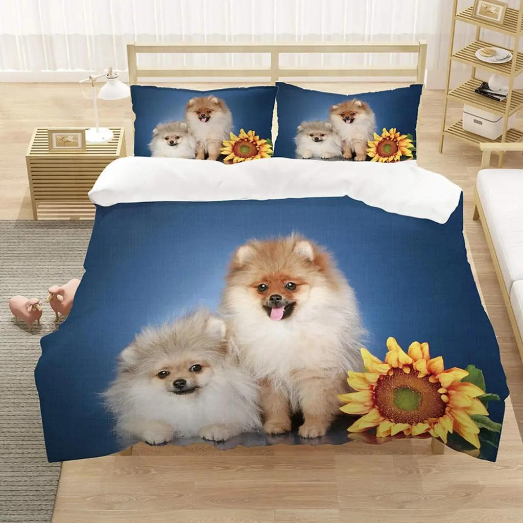 Topp Pomeranian Hund Kung Drottning Påslakan Valp Sängkläder Set För Tonåringar Vuxna Husdjur Djur Färgglad Himmel Polyester Täcke
