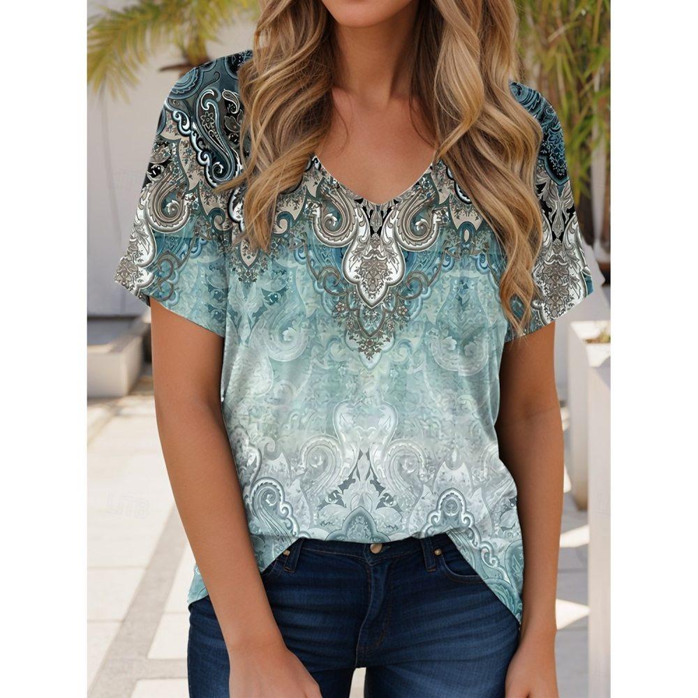 2025 Hot-selling Summer Women's Tops Retro Floral Graphic Printing Style V-neck Casual Short-sleeved T-shirt