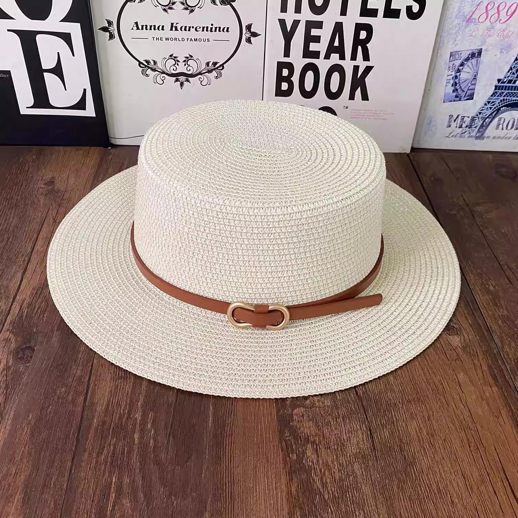 Internet celebrity straw hat children spring and summer French flat top top hat British sunshade sun protection seaside flat edge wide brim men and w