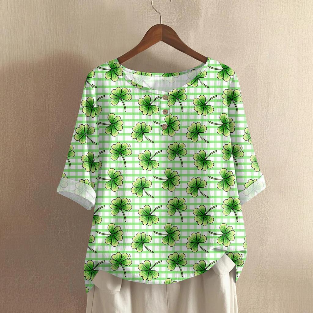 Women's Casual Mid-Sleeve Round Neck St. Patrick's Day Print Cotton-Linen Blend Top