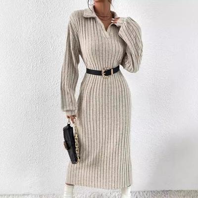 Solid Color Shoulder Slit Thigh Dress Autumn New Style Long Sleeved Women's Clothing Solid Color Autumn and Winter