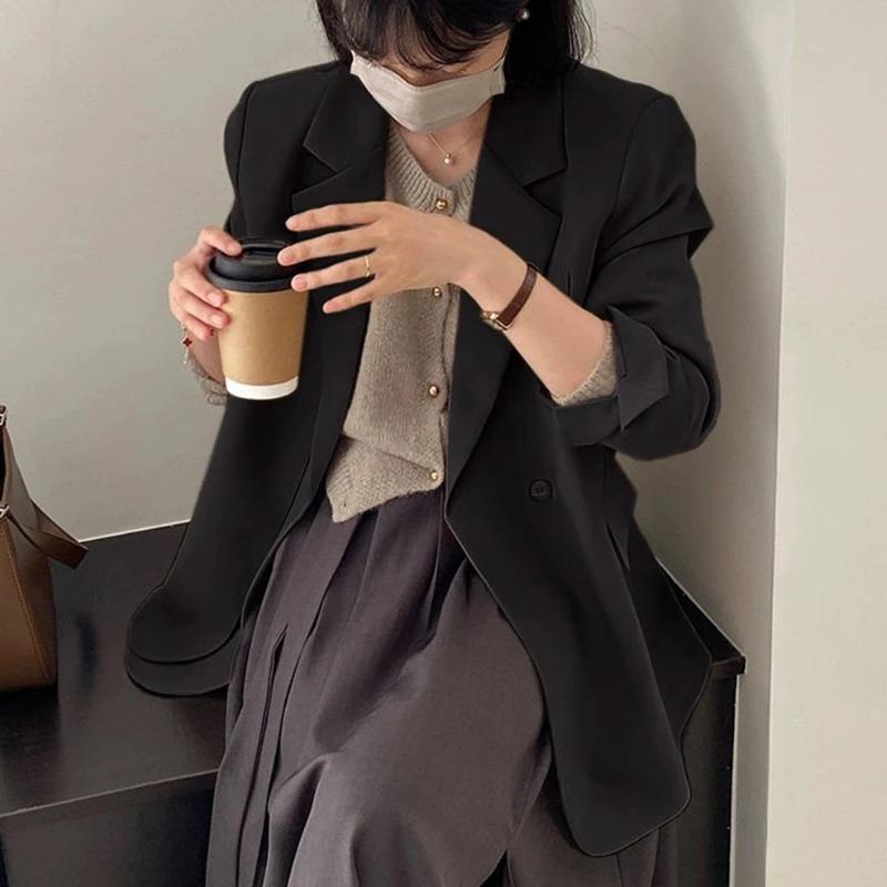 Spring Autumn Elegant Grey Women's Blazer Jacket Long Sleeve Single Button Office Lady Loose Outwear for Women