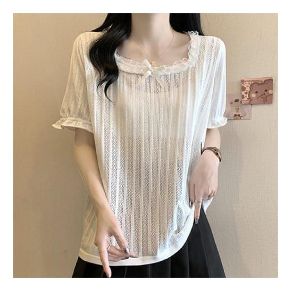 Navava Romantic Frill Punching Square Neck Short Sleeve Knit Nk2243