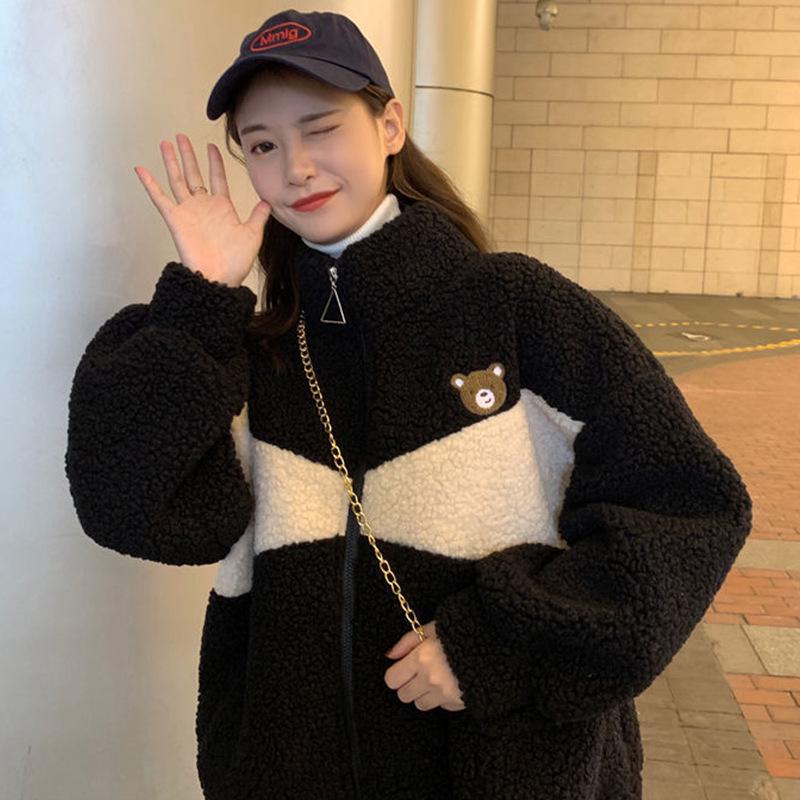 

Женская модная куртка на молнии из плюша ягненка 2022: Осенне-зимний свободный свитер в корейском стиле с плюшевой подкладкой M чёрный