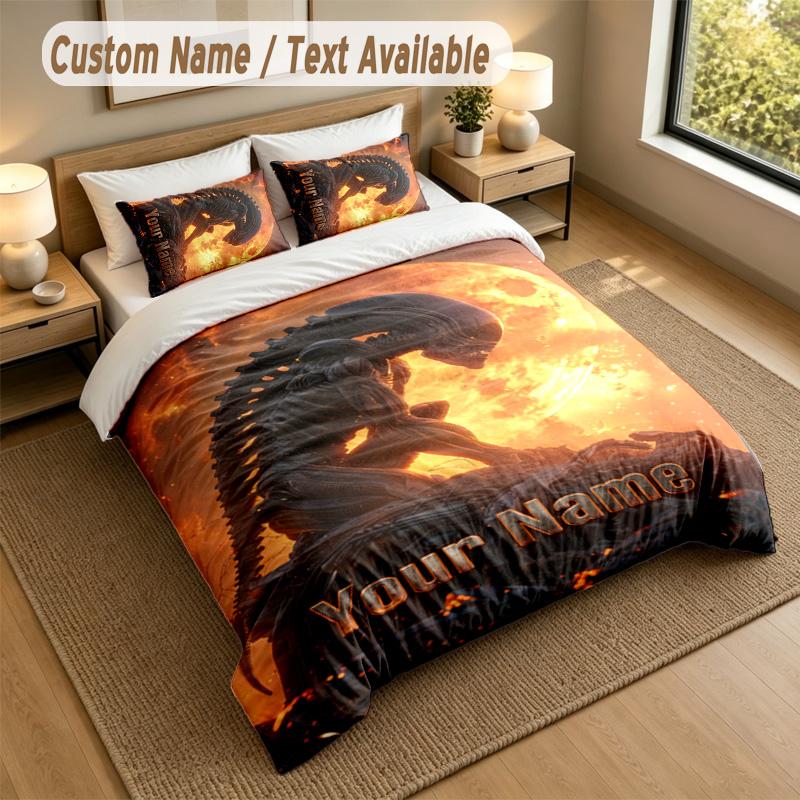 3Pcs Bedding Set Custom Name Text, 1 Sheet 2 Pillowcases Home Bed DecorAlien Xenomorph