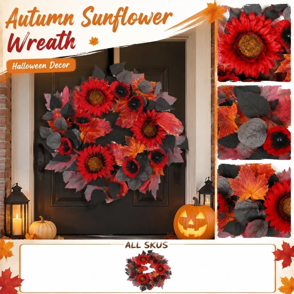 45cm Artificial Sunflower Wreath Autumn Leaf Garland Halloween Decoration Hanging Ornament for Door Wall Indoor Outdoor Use