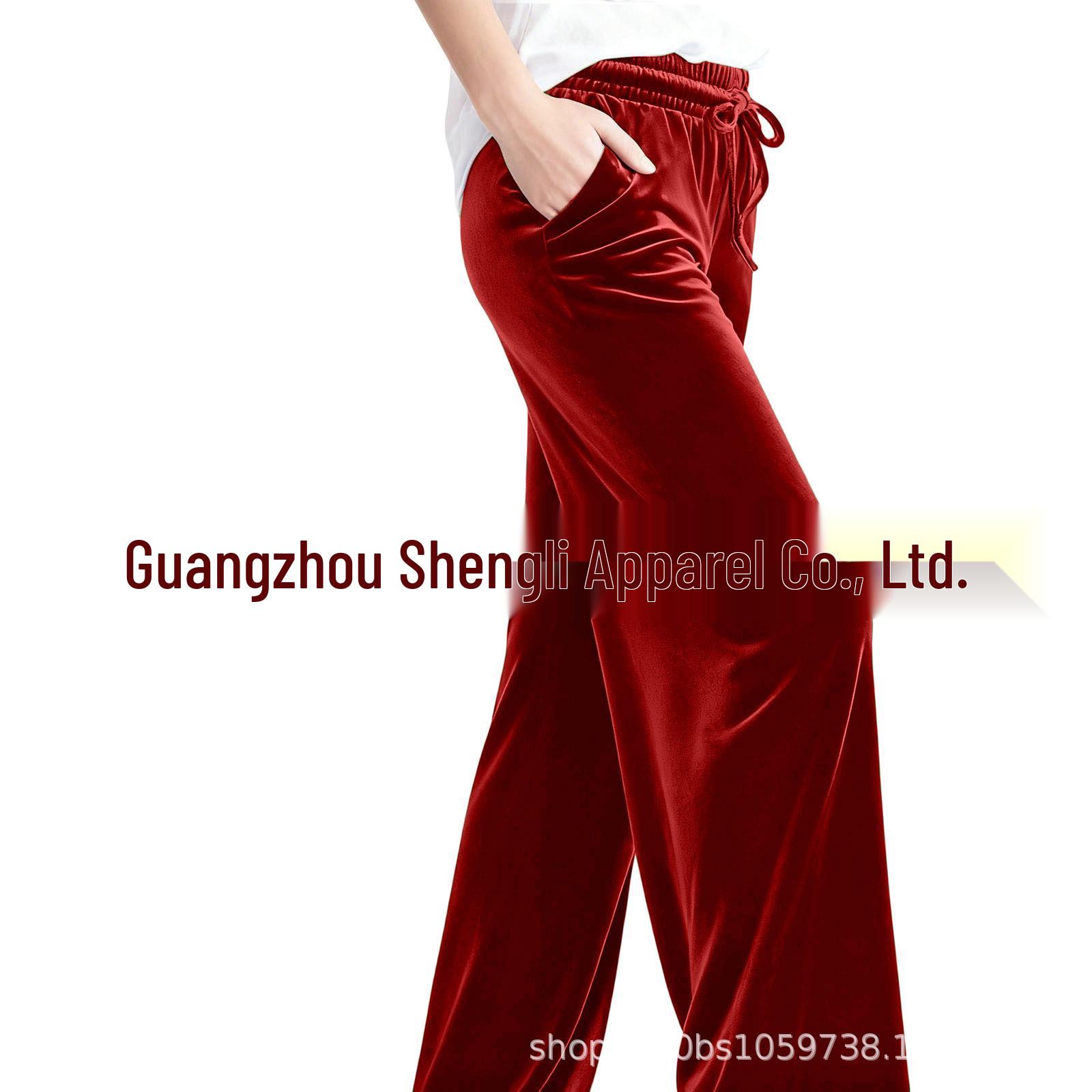 

Women s Solid Color Velvet Wide-Leg Pants with Drawstring and Pockets S красный