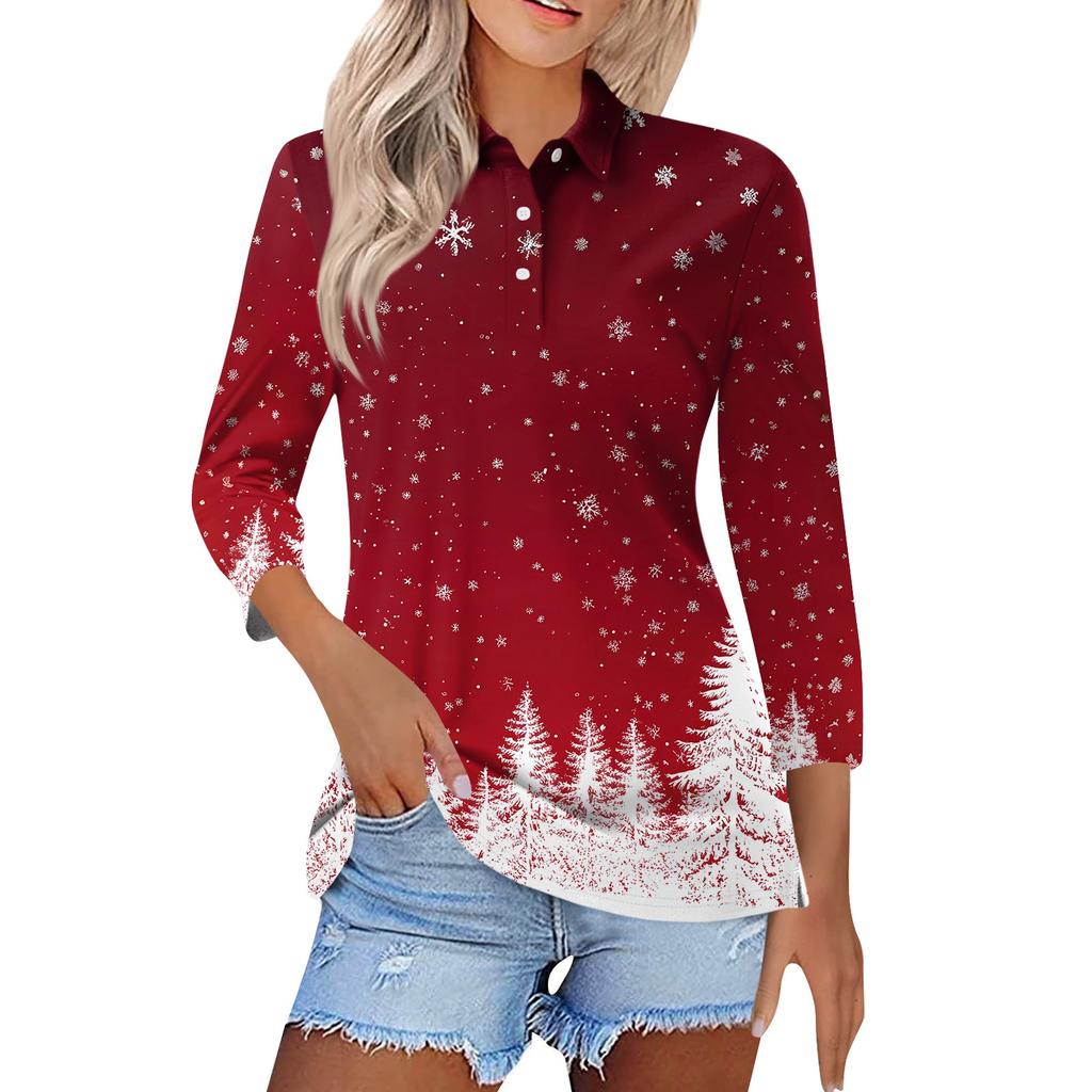 Women's Fashion Casual Lapel Short 3/4 Sleeve Christmas Print Shirt Women's Button Up Tops