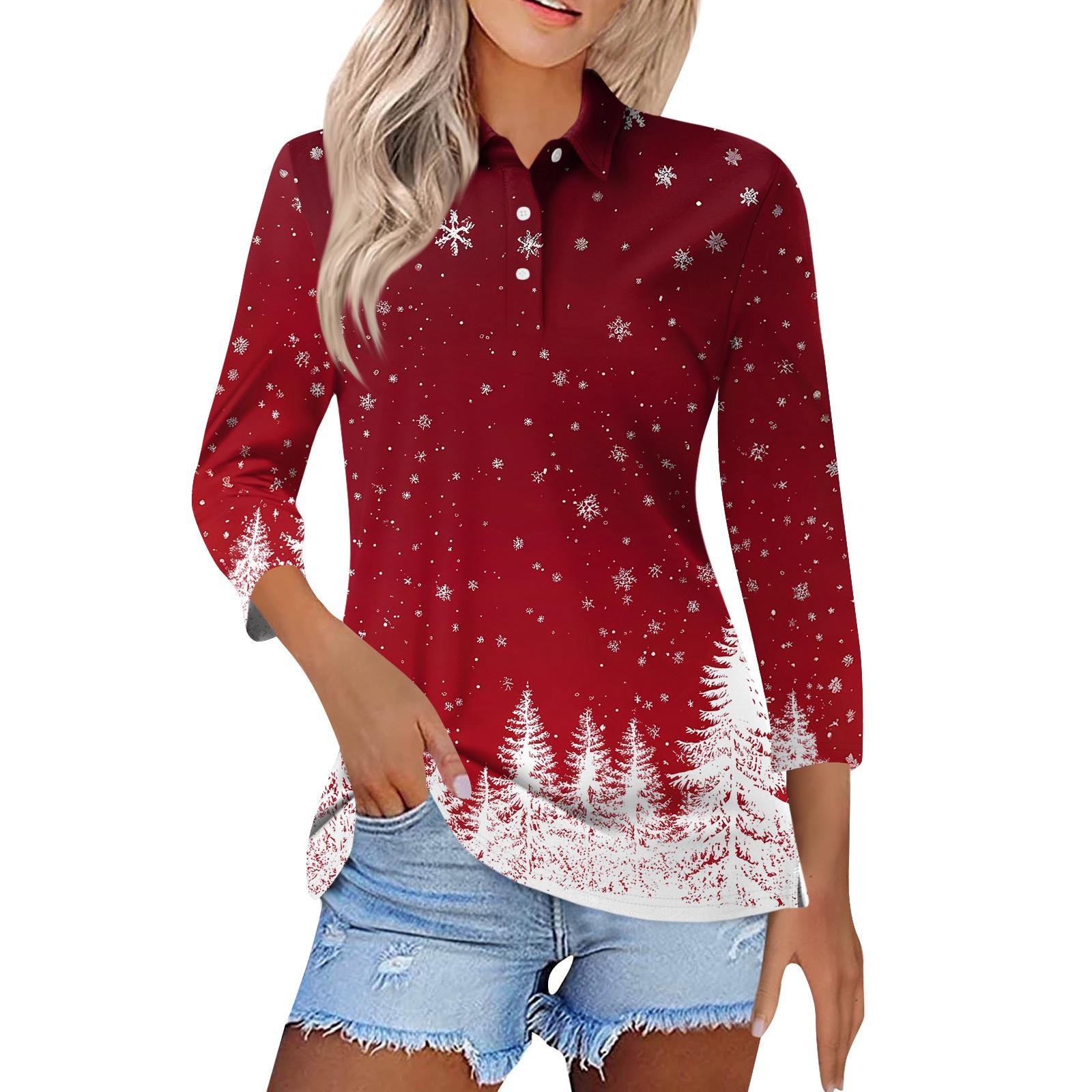 

Women s Fashion Casual Lapel Short 3/4 Sleeve Christmas Print Shirt Women s Button Up Tops XXXL