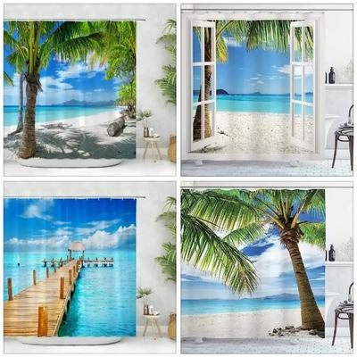 Peisaj Marin Perdea de Duș pentru Baie Tropical Ocean Plajă Frunză de Palmier Perdele de Duș Lavabile Material Poliester Decor Acasă