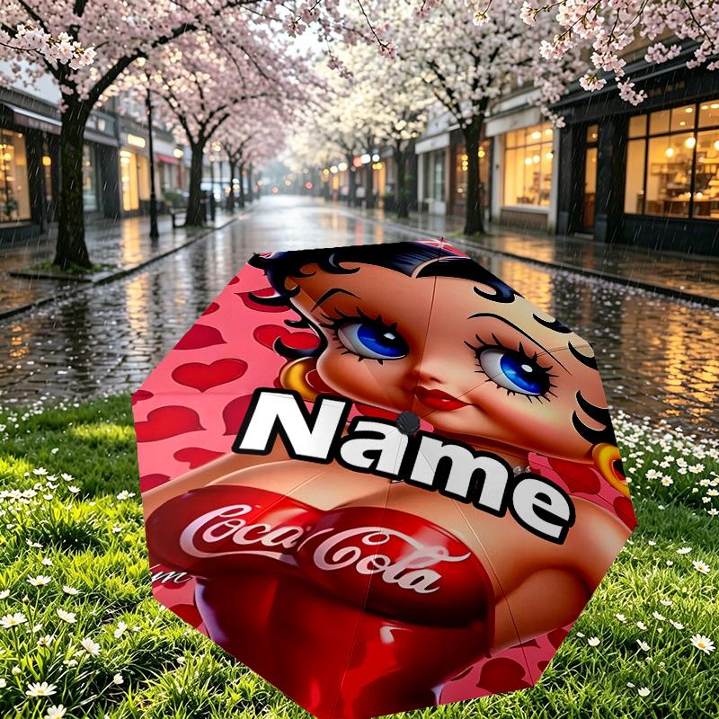 Custom Name Personalized Betty Boop Print Umbrella, Auto Open Close, 8‑Rib Sturdy Frame, Commute Camping Hiking Use, Birthday Gift