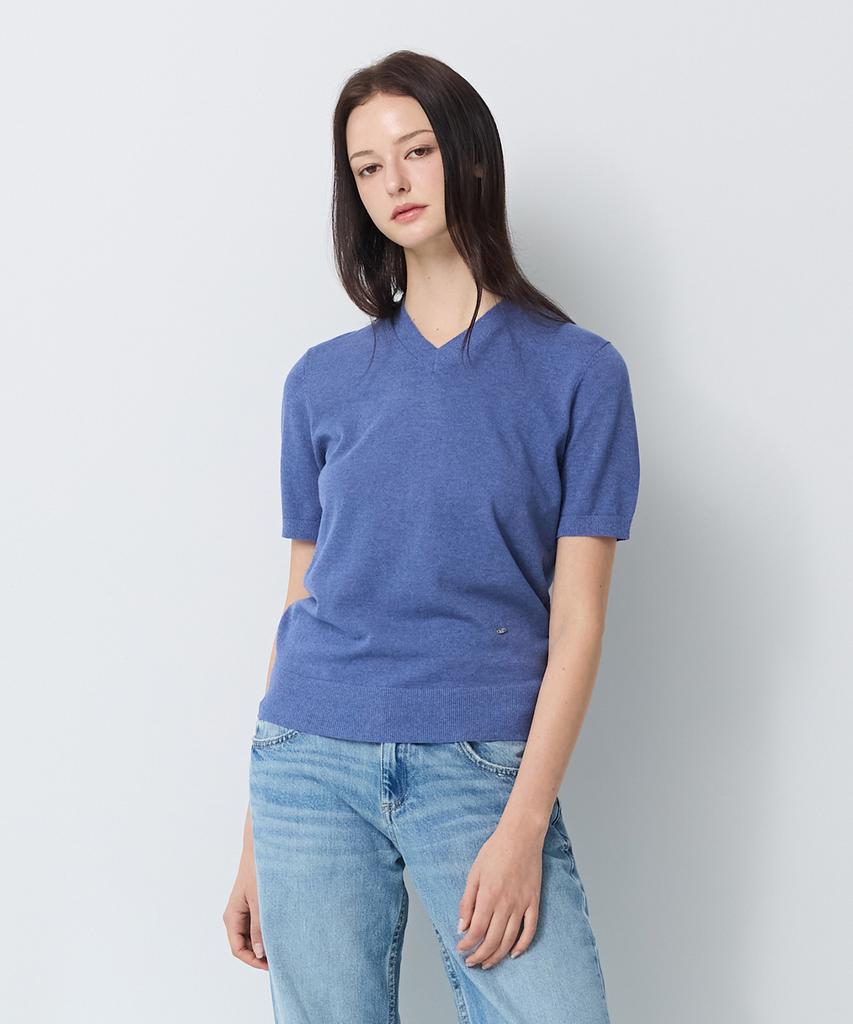 SHINE ON YOU Linen Cotton V-Neck Short Sleeve Knit - Denim