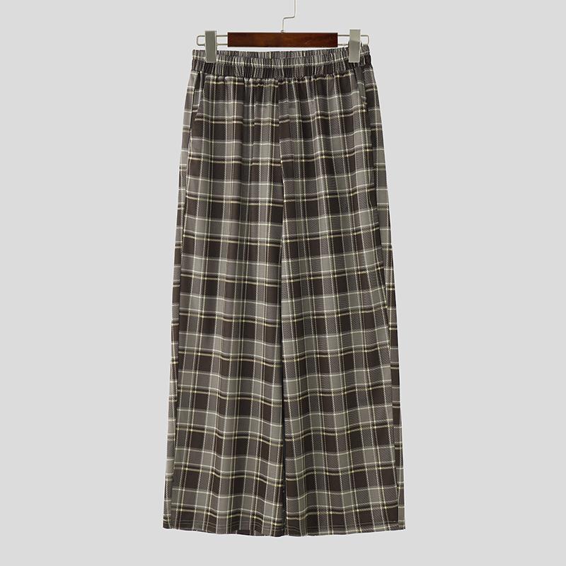 INCERUN Men Casual Loose Elastic Waist Plaid Print Wide Legs Pants Long Trousers