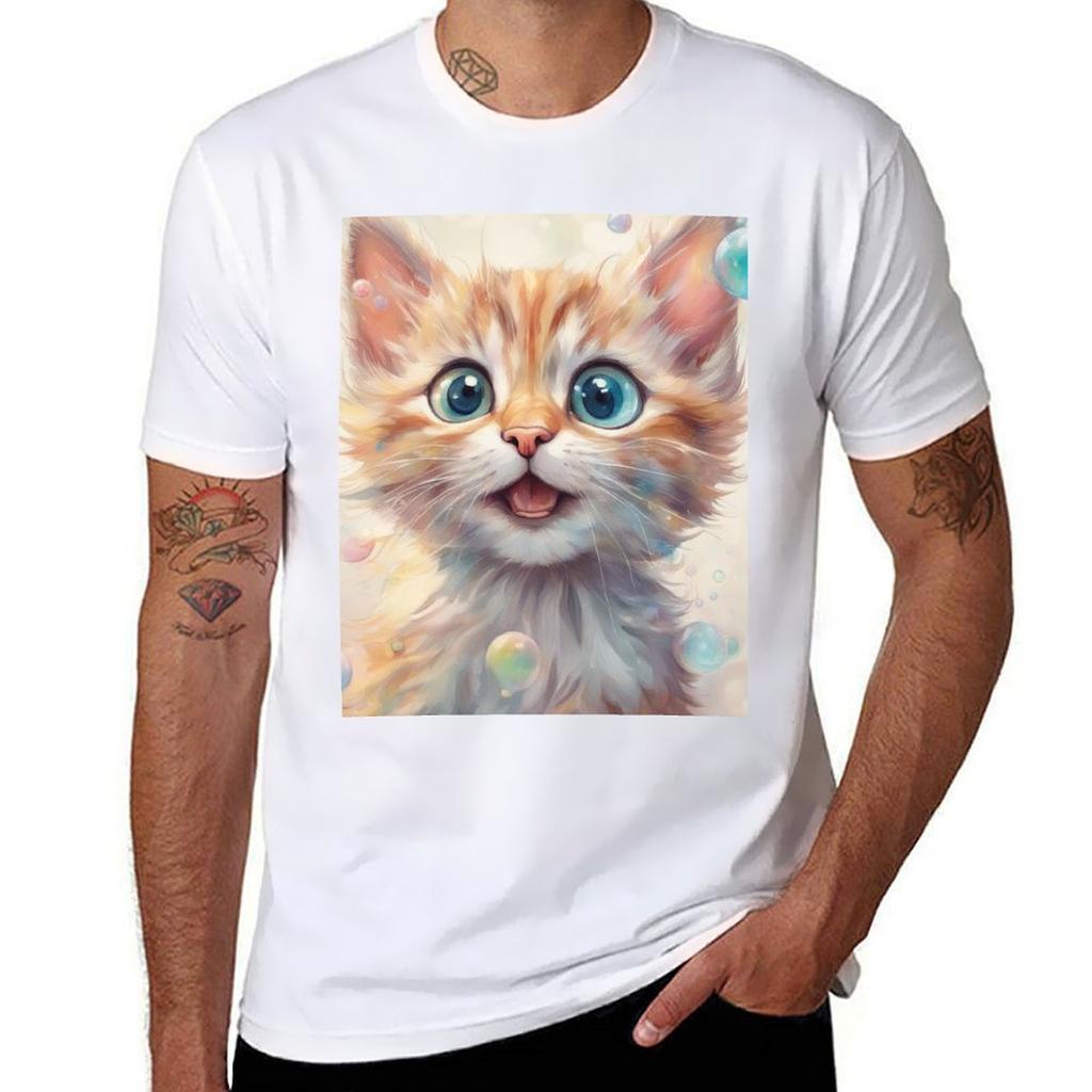 Soap Bubble Lover Cute Yellow Cat TShirt Breathable Basic Cotton TShirt