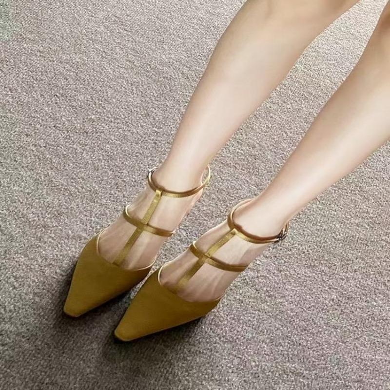 Fashion Bow Shoes Buckle 2025 Sandals Suit Female Beige Summer Heels Shallow Mouth New Strap Black Girls Pointed High Stiletto Closed