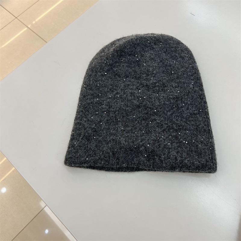Thickened Silver Sequined Wool Double-layer Knitted Hat Children's Winter Warm Elegant Plain Literary Wool Stacking Hat