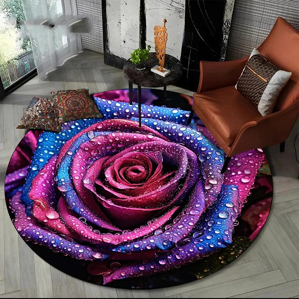 Pink Rose Flowers Round Carpet Romantic Floral Circle Rug Women Girls Bedroom Living Room Balcony Floor Mat Home Decor Doormat