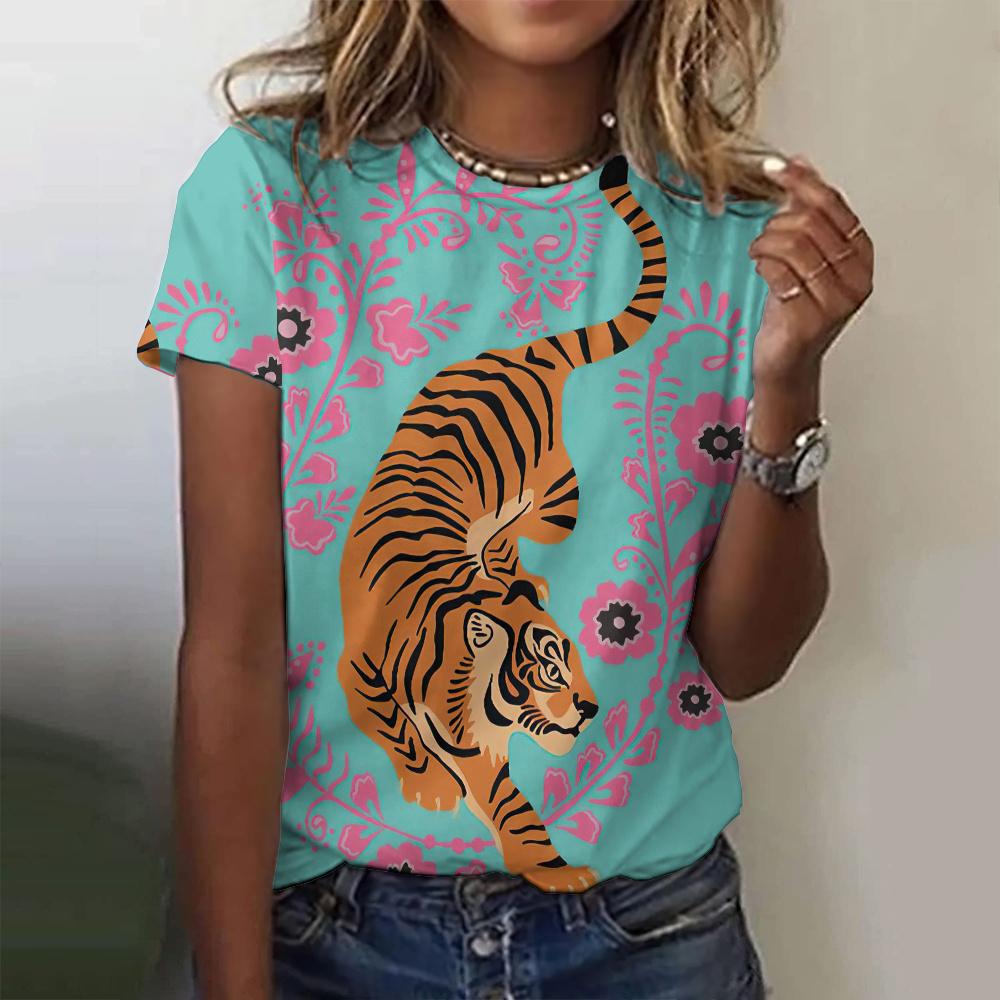 Summer Round Neck 3D Animal Flower Pattern Print Top Fashionable Casual Short Sleeved Women's T-shirts