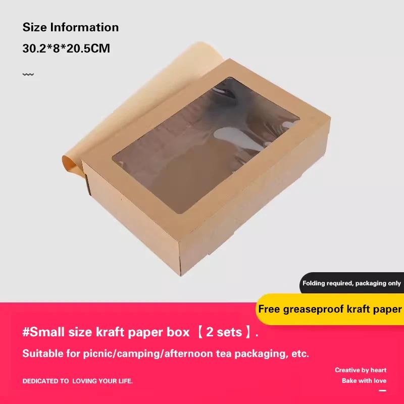 2pcs, Picnic Box With Window Lid, Outdoor Camping Style Kraft Paper Packaging Box, Baking Light Food Fruit Dessert Lunch Box