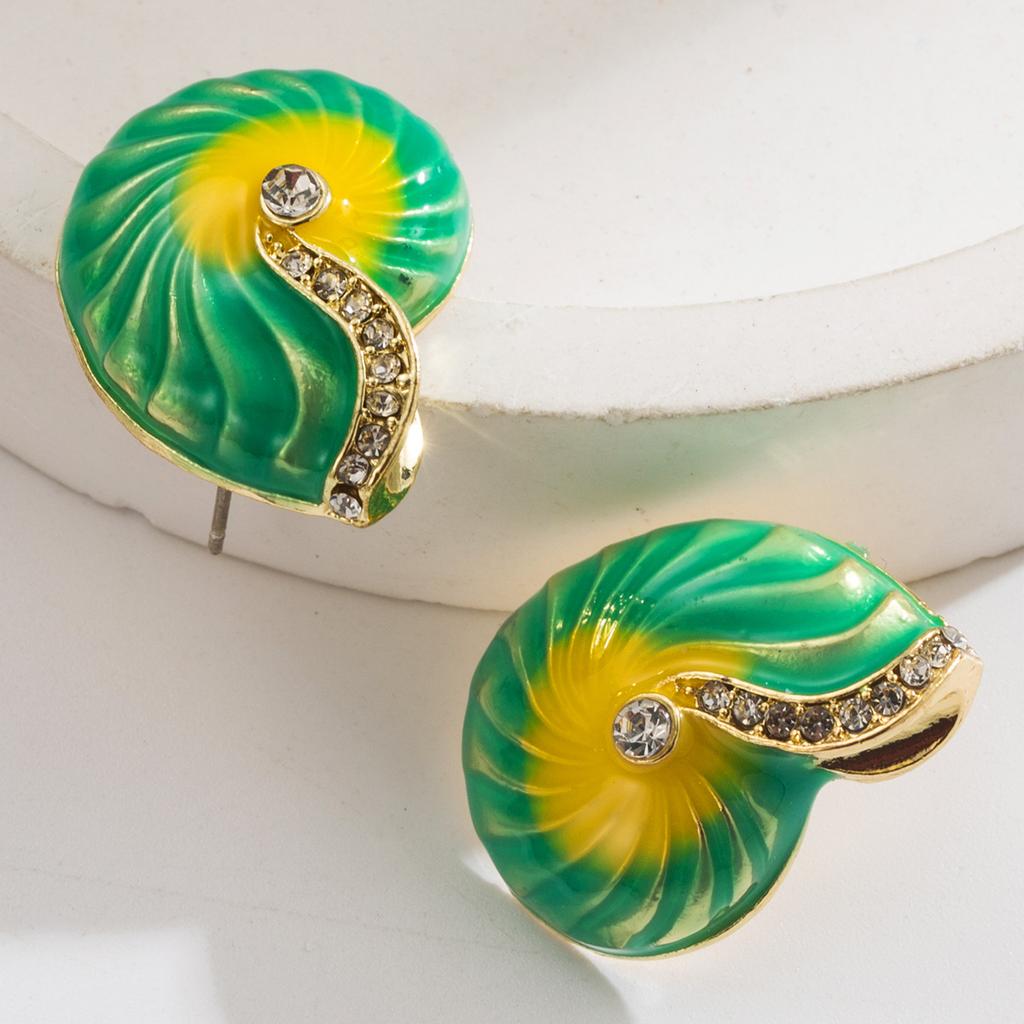 Minimalist Exaggerated Personality Beach Vacation Style Conch Earrings European and American Trend New Metal Oil Drop Inlaid Diamond Stud Earrings