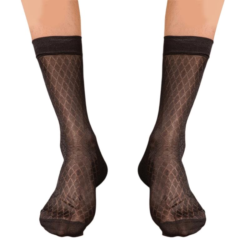 Elegant Mens Sheer Diamond Pattern Dress Socks See Through Nylon Business Formal Wear Thin Middle Tube Calf Length Socks
