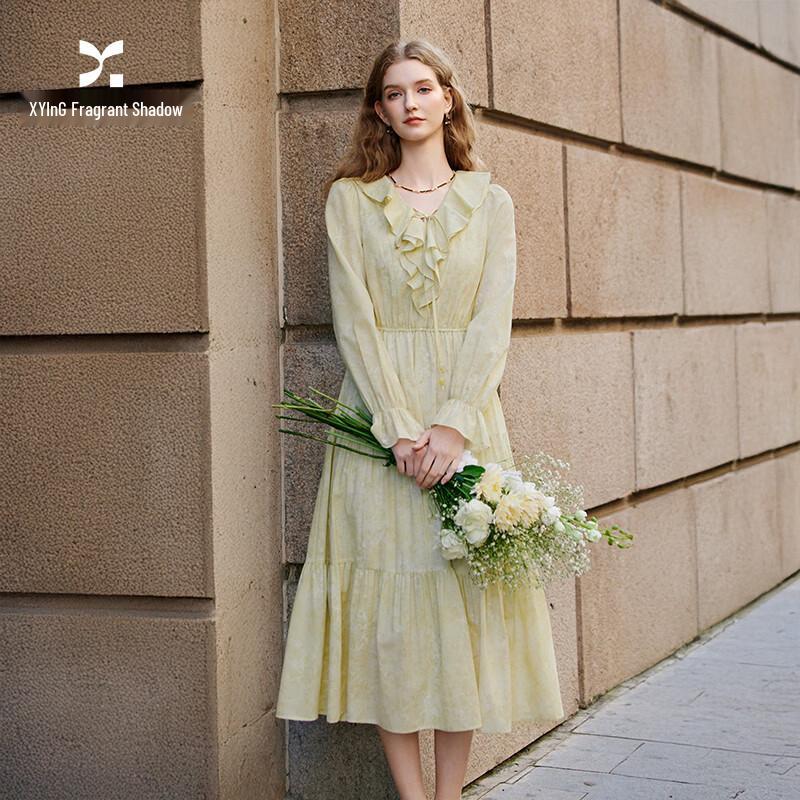 Xiangying French Ruffle V-Neck Printed Midi Dress M