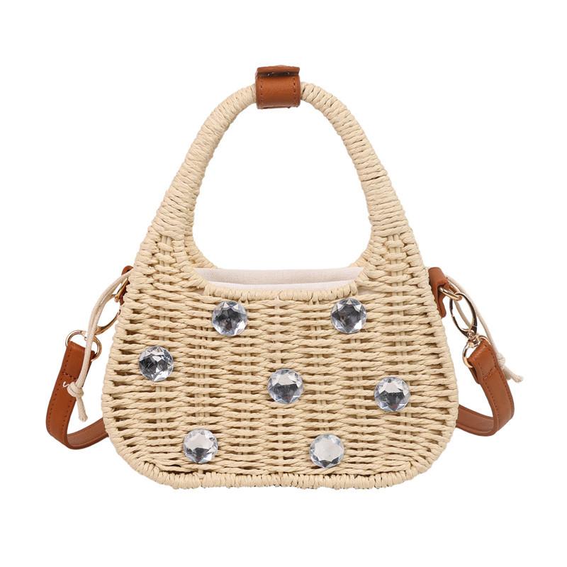Personalized Handbag New Woven Straw Popular Handmade Fashion One Shoulder Niche Large Rhinestone Messenger Women's Bag
