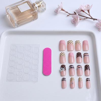 1 Set Press On Nails Salon Quality Almond French Tip Stick-on Fake Nails Removable 3D Charm Women Full Cover Glue On False Nails
