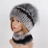 Hot Sale Women Winter Real Rex Rabbit Fur Hat Scarf Sets Natural Warm Genuine Silver Fox Fur Rex Rabbit Fur Cap Scarves 2 Pieces