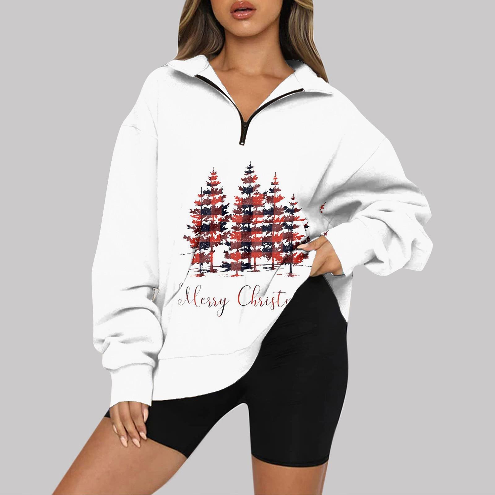 

Рождественская женская мода с длинным рукавом и принтом на молнии свитшот M белый