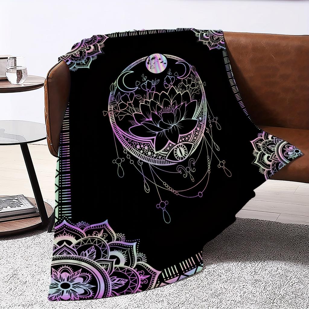 Colorful Moon Lotus Printed Flannel Blanket Gift Blanket Soft and Comfortable Suitable for Adults Home Picnic Travel
